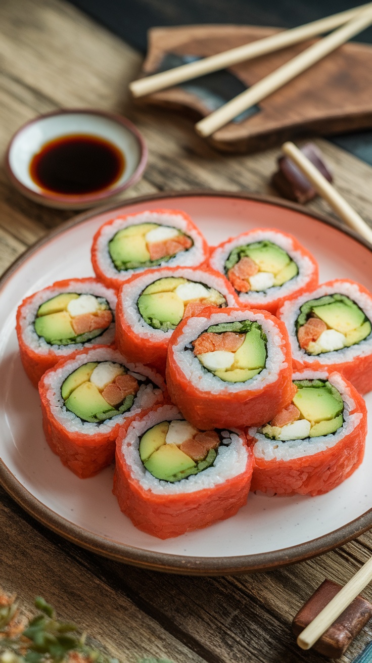 Sliced Vegan Sushi Rolls with Avocado and veggies on a plate with soy sauce and chopsticks.